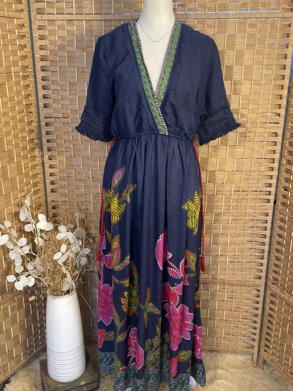 Lilka by Anthropologie Navy Floral Maxi Dress with Green Trim Boho Chic